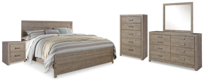 Cama de paneles King, tocador, espejo, cómoda y mesita de noche Culverbach