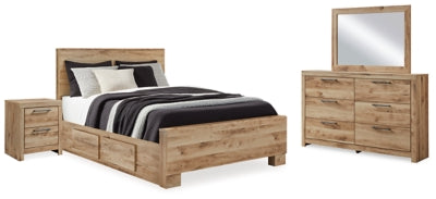Cama panel Hyanna Queen con almacenaje, cómoda, espejo y mesita de noche