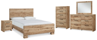 Cama con panel Hyanna Queen, tocador, espejo, cómoda y mesita de noche