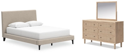 Cama tapizada tamaño queen, tocador y espejo Cielden