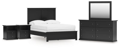 Cama de panel completo Maribel con cómoda, espejo y 2 mesitas de noche