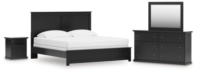 Cama con paneles Maribel King, cómoda, espejo y mesita de noche