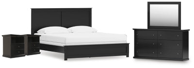 Cama de panel Maribel King, cómoda, espejo y 2 mesitas de noche