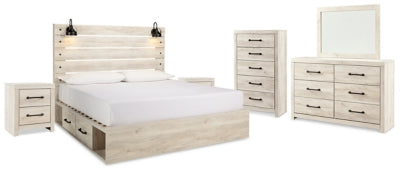 Cama de panel tamaño King Cambeck con almacenamiento, tocador, espejo, cómoda y 2 mesitas de noche