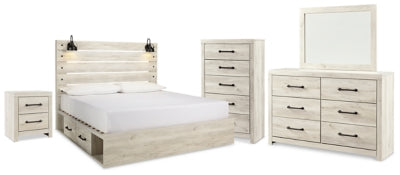 Cama de plataforma tamaño king Cambeck con almacenamiento, tocador, espejo, cómoda y mesita de noche