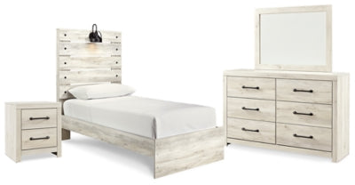 Cama doble con paneles Cambeck, cómoda, espejo y mesita de noche