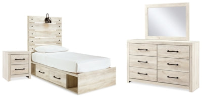Cama individual Cambeck con almacenamiento, cómoda, espejo y mesita de noche