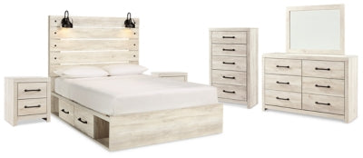 Cama Queen con panel de almacenamiento, cómoda, espejo, arcón y 2 mesitas de noche Cambeck