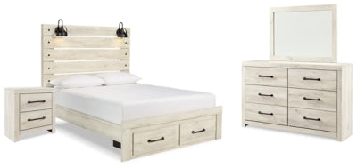 Cama Queen con panel de almacenamiento, cómoda, espejo y mesita de noche Cambeck