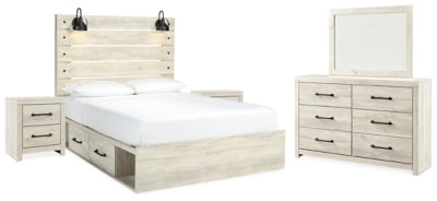 Cama Queen con panel y almacenamiento, tocador, espejo y 2 mesitas de noche Cambeck