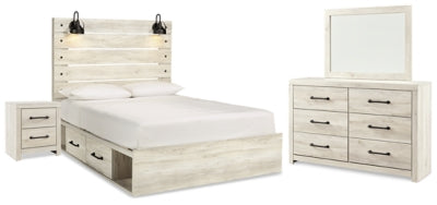 Cama Queen Cambeck con paneles y almacenaje, cómoda y espejo