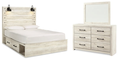 Cama Queen Cambeck con paneles y almacenaje, cómoda y espejo