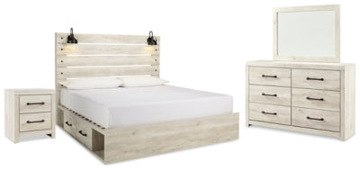 Cama King Cambeck con panel y almacenaje, cómoda, espejo y mesita de noche