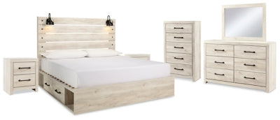 Cama de panel tamaño King Cambeck con almacenamiento, tocador, espejo, cómoda y 2 mesitas de noche