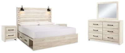 Cama king con paneles Cambeck con 2 cajones laterales, tocador, espejo y mesita de noche