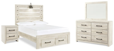 Cama de panel completo, cómoda, espejo y mesita de noche Cambeck