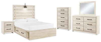 Cama con panel completo, cómoda, sinfonier y mesita de noche Cambeck