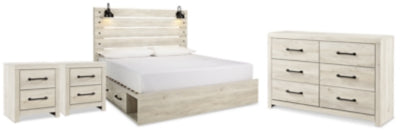 Cama con panel de almacenamiento King, cómoda y 2 mesitas de noche Cambeck