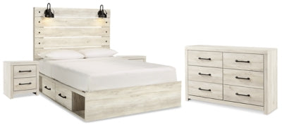 Cama Queen Cambeck con paneles y almacenamiento, cómoda y 2 mesitas de noche