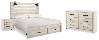 Cama tamaño King con panel de almacenamiento, cómoda y mesita de noche Cambeck