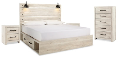 Cama King con paneles Cambeck con almacenaje, cómoda y 2 mesitas de noche