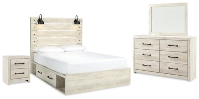 Cama tamaño Queen con panel y almacenamiento, cómoda, espejo y mesita de noche Cambeck