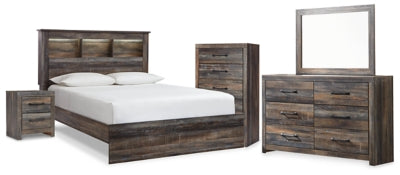 Drystan Queen Bookcase Panel Bed, Dresser, Mirror Chest and Nightstand