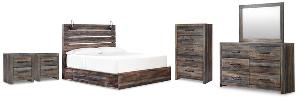 Cama con paneles y almacenaje King Drystan, cómoda, espejo, chiffonier y 2 mesitas de noche