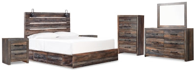 Cama con paneles y almacenaje King Drystan, cómoda, espejo, chiffonier y 2 mesitas de noche
