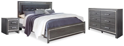 Cama tapizada tamaño king, cómoda y mesita de noche Lodanna