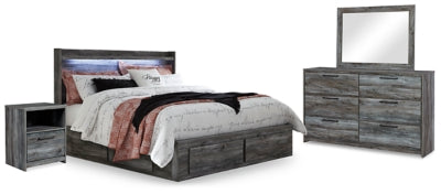 Cama Baystorm King con paneles y almacenaje, cómoda, espejo y 2 mesitas de noche