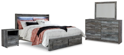 Cama Baystorm King con almacenaje, tocador con espejo y mesita de noche