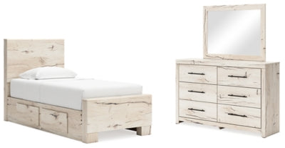 Cama de dos paneles Lawroy con almacenaje, cómoda y espejo