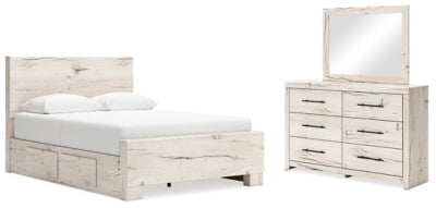 Cama Lawroy Queen con panel y almacenamiento, cómoda y espejo