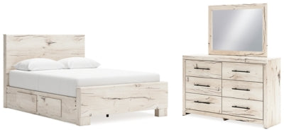 Cama Lawroy Queen con panel y almacenamiento, cómoda y espejo
