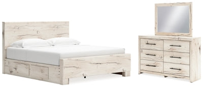 Cama con paneles Lawroy King con almacenamiento, tocador y espejo