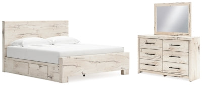 Cama con paneles Lawroy King con almacenamiento, tocador y espejo