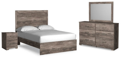 Cama de panel completo, cómoda, espejo y mesita de noche Ralinksi
