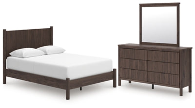 Cama Cadmori Queen con plataforma, cómoda y espejo