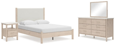 Cama con panel Queen, cómoda, espejo y mesita de noche Cadmori