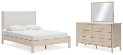 Cama Queen Cadmori tapizada con paneles, tocador y espejo