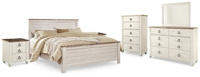 Cama King Panel, Cómoda, Espejo, Chifonier y 2 Mesitas de Noche Willowton
