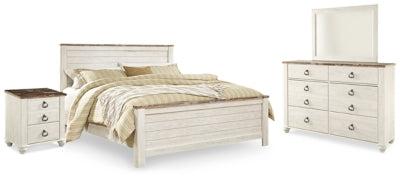 Cama Willowton King con panel, cómoda, espejo y mesita de noche