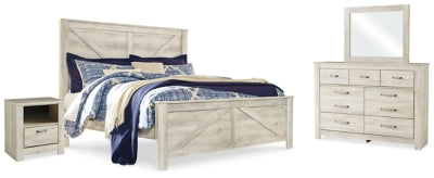 Cama con paneles Bellaby King Crossbuck, cómoda, espejo y mesita de noche