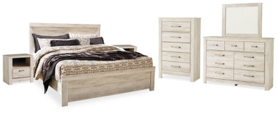 Cama Bellaby King con panel, cómoda, espejo, arcón y 2 mesitas de noche