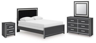 Cama de panel Queen, cómoda, espejo y mesita de noche Birmonton