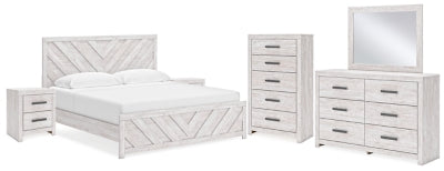 Cama con panel King, cómoda, espejo, chiffonier y 2 mesitas de noche Cayboni