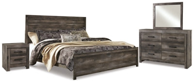 Cama panel King Wynnlow con cómoda con espejo y mesita de noche