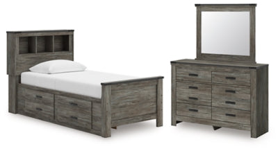 Frandern Twin Bookcase Bed with Storage, Dresser and Mirror
