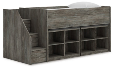 Cama alta doble Frandern con estantería y almacenamiento